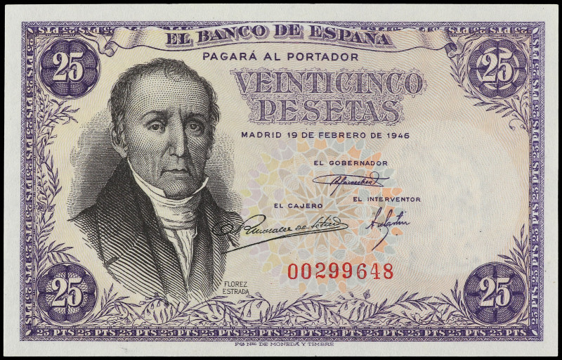 Spanish Banknotes

Estado Español

25 Pesetas. 19 Febrero 1946. Flórez Estra...