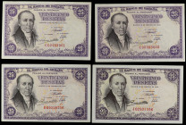 Spanish Banknotes

Estado Español

Lote 4 billetes 25 Pesetas. 19 Febrero 1946. Flórez Estrada. Sin Serie. (Arruguitas). Ed-450a. SC- a SC.