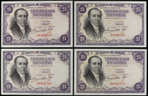 Spanish Banknotes

Estado Español

Lote 4 billetes 25 Pesetas. 19 Febrero 1946. Flórez Estrada. Sin Serie. (Leves arruguitas, levísimas manchitas)...