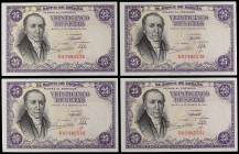 Spanish Banknotes

Estado Español

Lote 4 billetes 25 Pesetas. 19 Febrero 1946. Florez Estrada. Serie B. Cuarteto correlativo. Ed-450a. EBC.