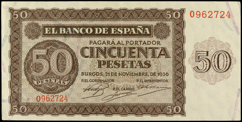 Spanish Banknotes

Estado Español

50 Pesetas. 21 Noviembre 1936. Serie O. (...