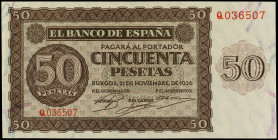 Spanish Banknotes

Estado Español

50 Pesetas. 21 Noviembre 1936. Serie Q. (Pequeña doblez en esquina). Ed-420a. SC-.