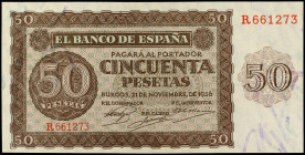 Spanish Banknotes

Estado Español

50 Pesetas. 21 Noviembre 1936. Serie R. (Esquinas levísimamente rozadas). Ed-420a. SC.