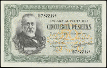 Spanish Banknotes

Estado Español

50 Pesetas. 9 Enero 1940. Menéndez Pelayo. Serie B. (Arruguitas, esquinas rozadas y sucias). Ed-437a. SC-.