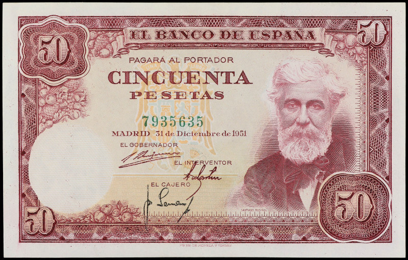 Spanish Banknotes

Estado Español

50 Pesetas. 31 Diciembre 1951. Rusiñol. S...