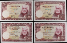Spanish Banknotes

Estado Español

Lote 4 billetes 50 Pesetas. 31 Diciembre 1951. Rusiñol. Serie A. Cuarteto correlativo. (Todos con doblez en esq...