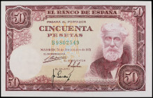 Spanish Banknotes

Estado Español

50 Pesetas. 31 Diciembre 1951. Rusiñol. Serie B. (arruguita y levísimas manchitas en margen derecho). Ed-462a. ...