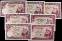 Spanish Banknotes

Estado Español

Lote 7 billetes 50 Pesetas. 31 Diciembre 1951. Rusiñol. Serie B. (Pequeñas arruguitas). A EXAMINAR. Ed-462a. SC...