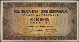 Spanish Banknotes

Estado Español

100 Pesetas. 20 Mayo 1938. Casa del Cordón. Serie C. (Leve manchita). Ed-432a. EBC+.