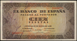 Spanish Banknotes

Estado Español

100 Pesetas. 20 Mayo 1938. Casa del Cordón. Serie D. Ed-432a. SC-.