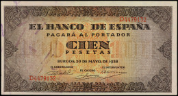 Spanish Banknotes

Estado Español

100 Pesetas. 20 Mayo 1938. Casa del Cordón. Serie D. (Arruguitas). Ed-432a. EBC-.