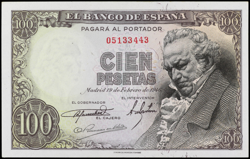 Spanish Banknotes

Estado Español

100 Pesetas. 19 Febrero 1946. Goya. Sin S...