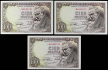 Spanish Banknotes

Estado Español

Lote 3 billetes 100 Pesetas. 19 Febrero 1946. Goya. Serie B. Trio correlativo. (Arruguitas). Ed-451b. SC.