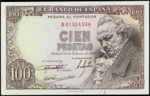 Spanish Banknotes

Estado Español

100 Pesetas. 19 Febrero 1946. Goya. Serie B. (esquinas algo rozadas). Ed-451b. SC-.