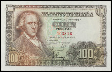 Spanish Banknotes

Estado Español

100 Pesetas. 2 Mayo 1948. Bayeu. Sin Serie. Ed-456. SC-.