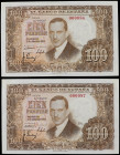 Spanish Banknotes

Estado Español

Lote 2 billetes 100 Pesetas. 7 Abril 1953. Romero de Torres. Sin serie. Pareja correlativa con numeración muy b...