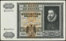 Spanish Banknotes

Estado Español

500 Pesetas. 9 Enero 1940. Juan de Austria. (Leves manchitas). Ed-439. (MBC+).