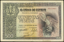 Spanish Banknotes

Estado Español

500 Pesetas. 21 Octubre 1940. Entierro del Conde Orgaz. (Algo tonalizado, manchitas, erosión en centro de rever...