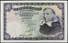 Spanish Banknotes

Estado Español

500 Pesetas. 19 Febrero 1946. Francisco de Vitoria. Ed-452. EBC.