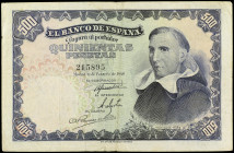 Spanish Banknotes

Estado Español

500 Pesetas. 19 Febrero 1946. Francisco de Vitoria. (Leve rotura en margen y algo sucio). Ed-452. MBC-.