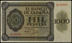 Spanish Banknotes

Estado Español

1.000 Pesetas. 21 Noviembre 1936. Alcázar de Toledo. Serie A. (Muy leves reparaciones en margen. Ed-423. MBC.