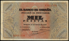 Spanish Banknotes

Estado Español

1.000 Pesetas. 20 Mayo 1938. Pulpito de San Agustín. (Levísimas reparaciones en margen). Ed-434. (MBC+).