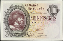 Spanish Banknotes

Estado Español

1.000 Pesetas. 21 Octubre 1940. Carlos I. Ed-445. EBC-.