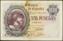 Spanish Banknotes

Estado Español

1.000 Pesetas. 21 octubre 1940. Carlos I. (Manchas). Ed-445. MBC+.