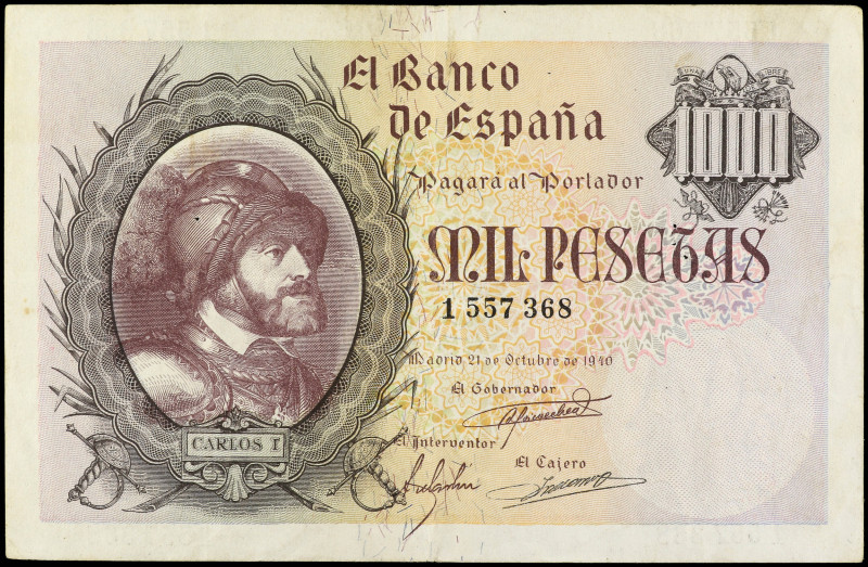 Spanish Banknotes

Estado Español

1.000 Pesetas. 21 Octubre 1940. Carlos I....