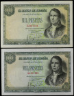 Spanish Banknotes

Estado Español

Lote 2 billetes 1.000 Pesetas. 4 Noviembre 1949. Ramón de Santillán. (Uno algo tonalizado). Ed-458. MBC+ y EBC-...