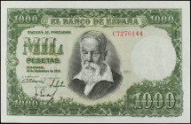 Spanish Banknotes

Estado Español

1.000 Pesetas. 31 Diciembre 1951. Sorolla. Serie C. (Manchitas de tinta de impresión, arruguitas y leve doblez ...