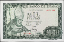 Spanish Banknotes

Estado Español

1.000 Pesetas. 19 Noviembre 1965. San Isidoro. Sin Serie. (Pequeños pinzamientos en margen, Arruga de impresión...