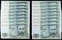 Spanish Banknotes

Juan Carlos I

Lote 16 billetes 1.000 Pesetas. 23 Octubre 1979. Pérez Galdós. Sin Serie (x6), Serie M (x9) y 6A. Incluye dos pa...