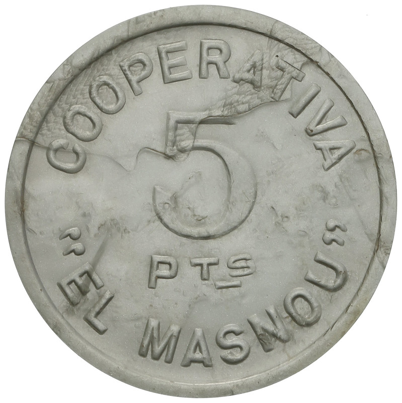 Company Stores and Propaganda

5 Pesetas. COOPERATIVA EL MASNOU. 3,65 grs. Baq...