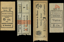 Company Stores and Propaganda

Lote 4 fichas 5 (2), 25 Céntimos (3) y 1 Peseta. SUBSIDIO AL COMBATIENTE, SUBSIDIO PRO COMBATIENTE, BENEFICENCIA MUNI...