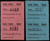 Company Stores and Propaganda

Lote 4 vales 10 (2) y 15 Cèntims (2). CASINO FAMILIAR. CONSUMACIÓN. MAYALS. En dos bloques de dos sin cortar. MUY ESC...
