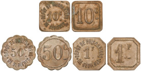Company Stores and Propaganda

Lote 3 fichas 10, 50 Centimes y 1 Franc. DEPOT de PRESONNIERS DE SÉDIÈRES. FRANCIA. Br. Campo de Prisioneros de Sédiè...