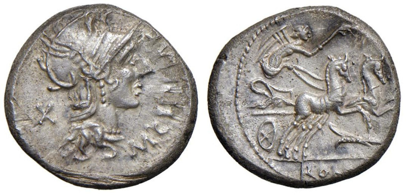 Cipia - M. Cipius M. f. - Denario (115-114 a.C.) Testa di Roma a d. - R/ La Vitt...