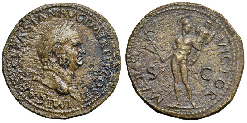 Vespasiano (69-79) Sesterzio - Busto laureato a d. - R/ Marte stante di fronte -...