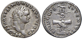 Domiziano (81-96) Denario - Testa laureata a d. - R/ Due mani strette intorno ad insegna militare su prua - RIC 393 AG (g 3,44) Ex Obolos, 12, lotto 6...