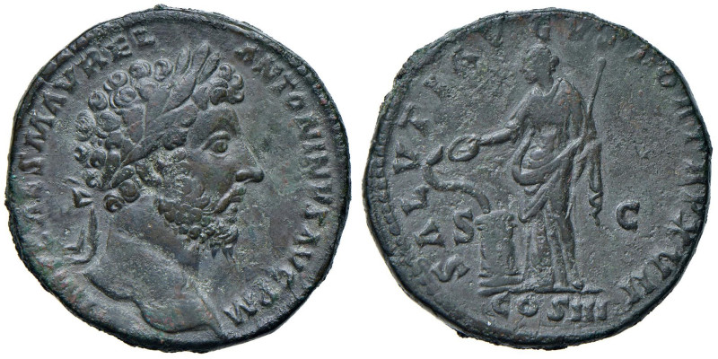 Marco Aurelio (161-180) Sesterzio - Testa laureata a d. - R/ La Salute stante a ...