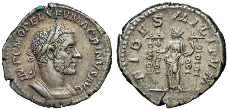 Macrino (217-218) Denario - Testa laureata a d. - R/ La Fedeltà stante a s. - RI...
