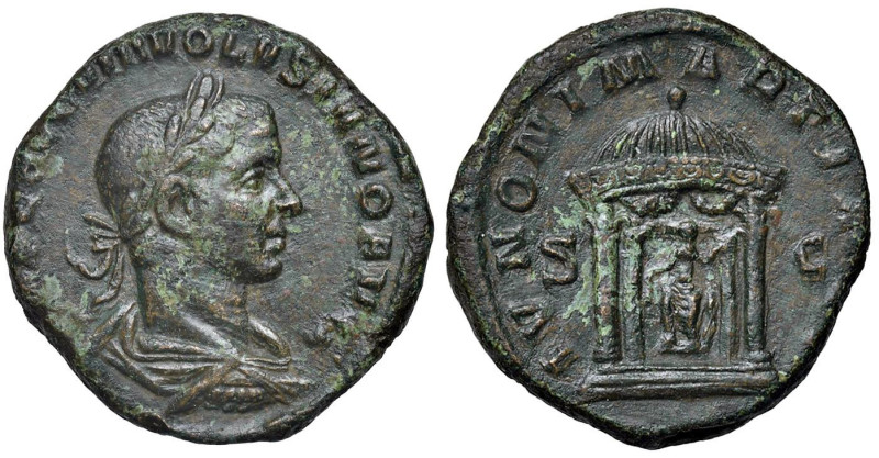 Volusiano (251-253) Sesterzio - Busto laureato a d. - R/ Tempietto - RIC 253a AE...