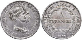 LUCCA Felice ed Elisa Baciocchi (1805-1814) 5 Lire 1808 (8 ribattuto su 7) - MIR 244/4 AG (g 24,90)

BB+