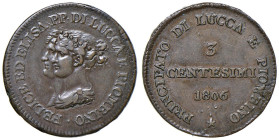 LUCCA Elisa Bonaparte e Felice Baciocchi (1805-1814) 3 Centesimi 1806 - Gig. 12 CU (g 7,12)

BB/BB+