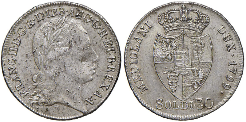 MILANO Francesco II (1799-1800) 30 Soldi 1799 - MIR 473/1 AG (g 7,32) RR Graffi ...