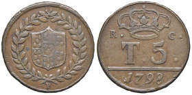 NAPOLI Ferdinando IV di Borbone (1759-1798) 5 Tornesi 1798 P sotto i rami - Magliocca 298; Nomisma 532 CU (g 13,20)

BB+