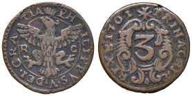 PALERMO Filippo V (1701-1713) 3 Piccioli 1701 sigla R C - MIR 507/1 CU (g 2,54)

BB