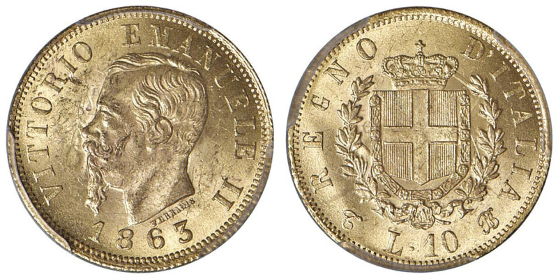 Vittorio Emanuele II (1861-1878) 10 Lire 1863 - Nomisma 871 AU In slab PCGS MS 6...
