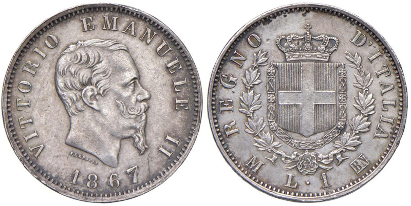 Vittorio Emanuele II (1861-1878) Lira 1867 Milano - Nomisma 915 AG Segnetti al D...